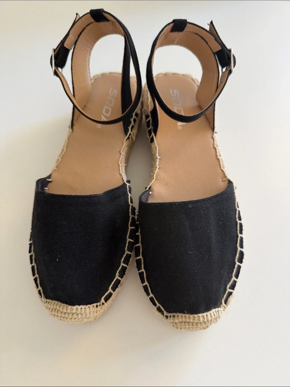 Soda Black Canvas Ankle-Strap Espadrilles with Jute Trim